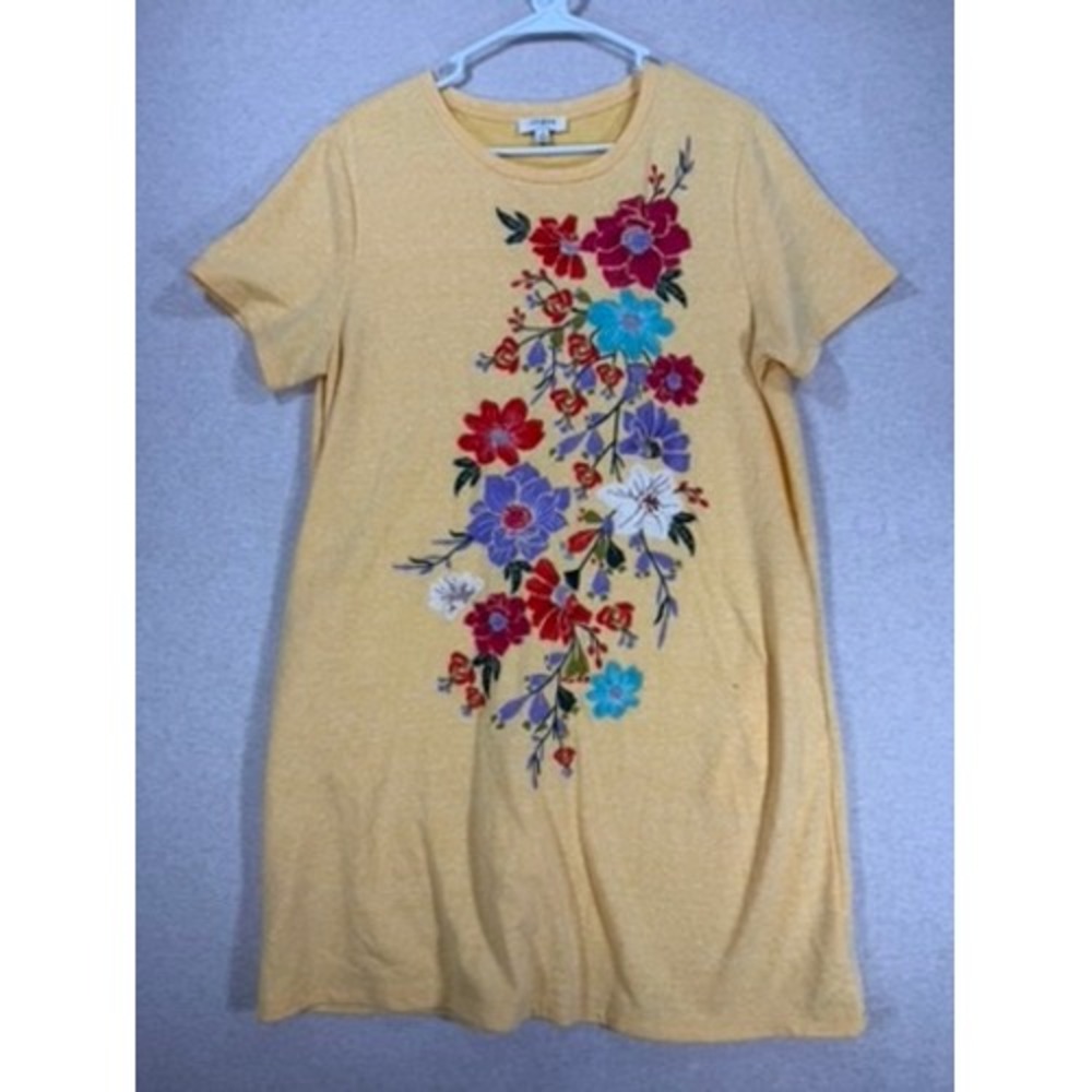 Umgee Floral Embroidered T-Shirt Dress Womens‎ M Yellow Excellent Short Sleeve